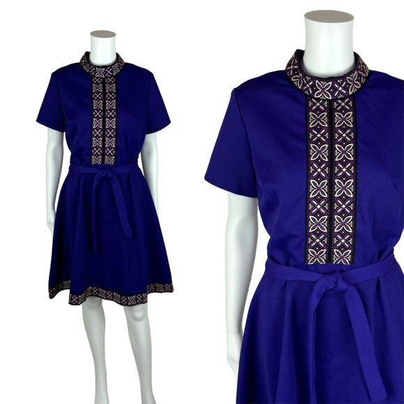 Vintage 70s Mini Dress Women's Medium Purple Babydoll Embroidered Trim